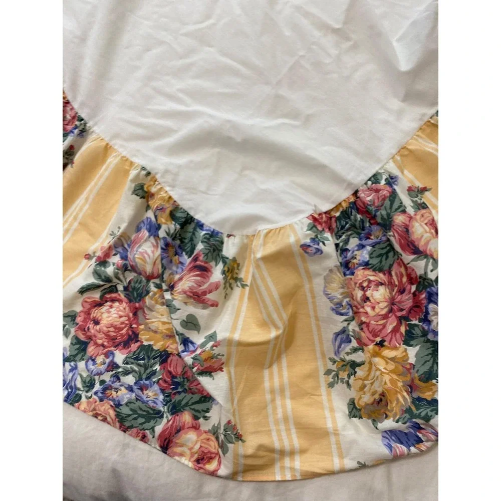 Vtg‎ Twin Bedskirt Floral Shabby Cottage Farmhouse Yellow Stripes Roses Peony